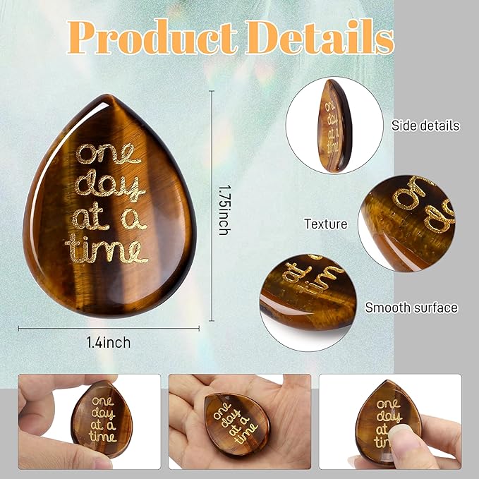 LAIDANLA Worry Stone for Anxiety Tiger Eye Healing Crystal Sensory Fidget Thumb Stones One Day at A Time Mental Health Anxiety Relief Items Inspirational Sobriety Thinking of You Gifts for Women Men