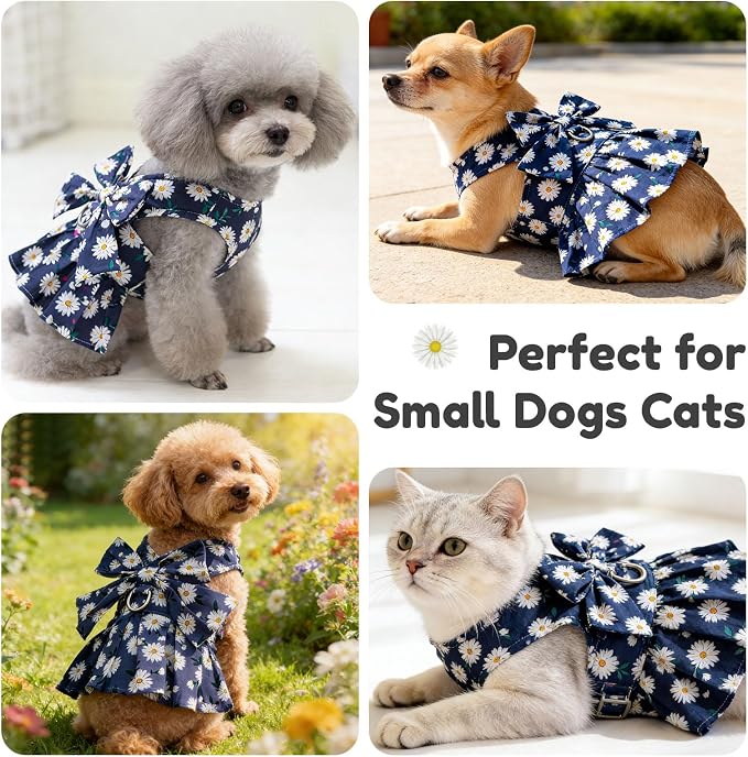BAEJMJK Dog Dress Bowknot Harness Leash Set for Small Dogs Cats Daisy Floral Girl Dog Dresses Cute Puppy Princess Clothes Pet Doggy Outfits Spring Summer Breathable Dresses (X-Small, Navy Blue)