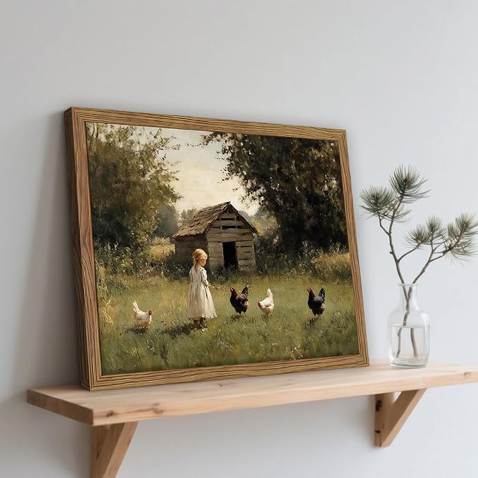 Vintage Country Framed Wall Art, Little Girl and Chick Canvas Prints, Rustic Landscape Picture Painting, Pastoral Farmhouse Wall Decor for Living Room Bedroom – Dark Wooden Frame 8x10in