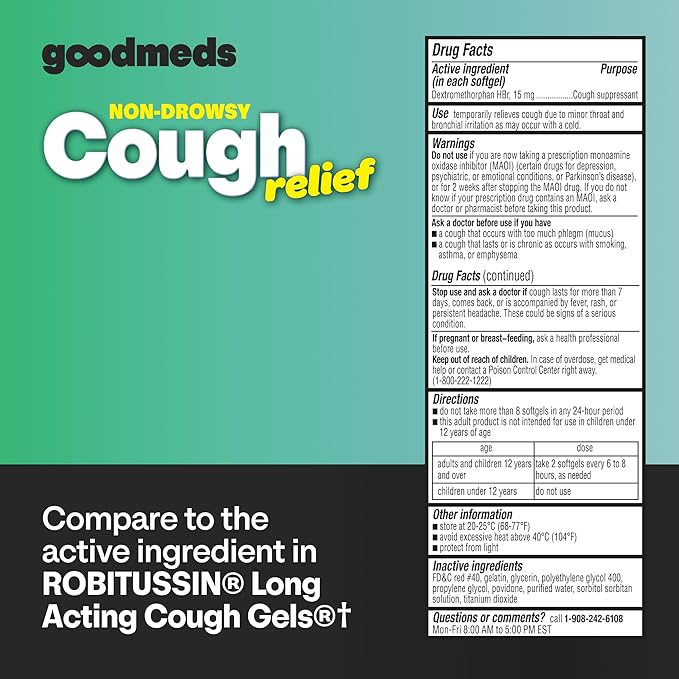 Cough Relief for Adults Softgels Dextromethorphan HBr (DXM) 15mg 8Hour, Non-Drowsy, Long-Lasting Bronchial Suppressant for Dry Cough and Chest Congestion (60 Count)