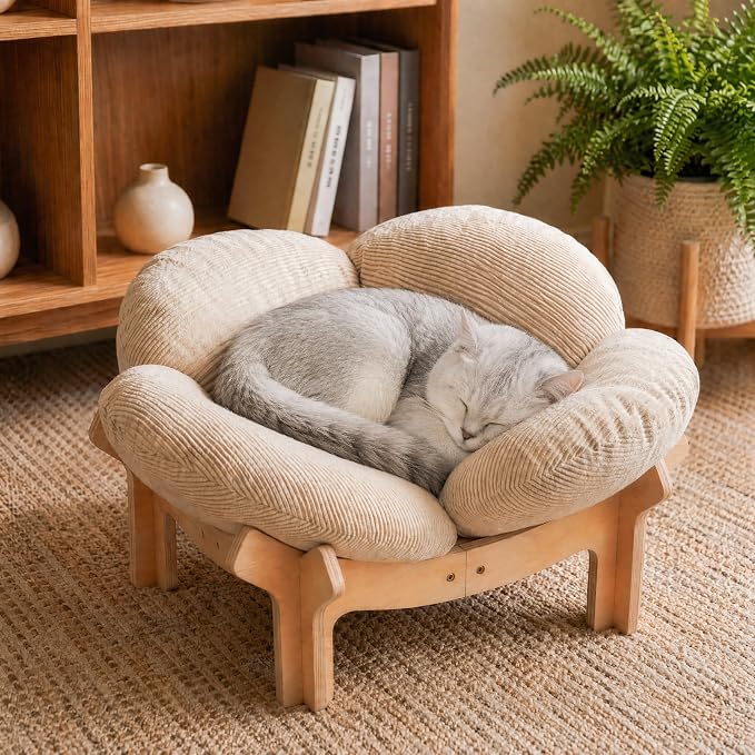 Elevated Flower Cat Bed Wooden Removable Cushion for Indoor Cats Small Dogs | Pet Couch Sofa with Fluffy Cushion, Raised Kitty Lounge Chair Suitable for Puppy, Modern Cat Furniture (White)