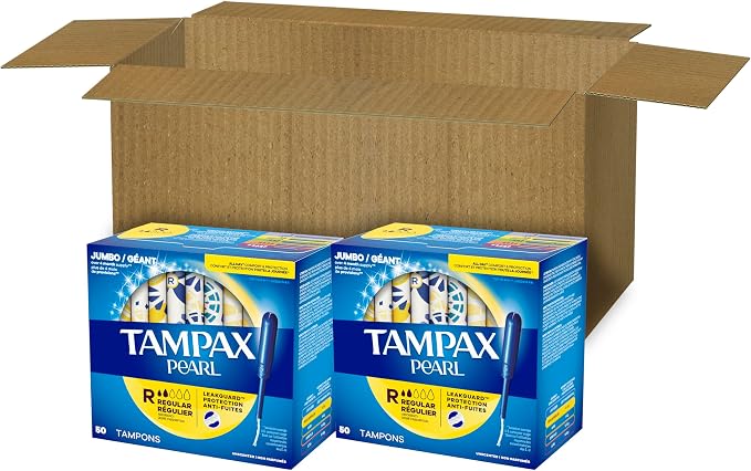 Tampax Pearl Tampons Regular Absorbency,with Leakguard Braid,Unscented, 4 Boxes - 50 Each (Packaging May Vary),(Pack of 200)