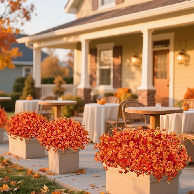 24 Pcs Artificial Fall Flowers for Outdoors, Bright Orange | Lifelike faux mums, silk flower, UV resistant, no-maintenance, for autumn Thanksgiving garden porch yard indoor outdoor decor