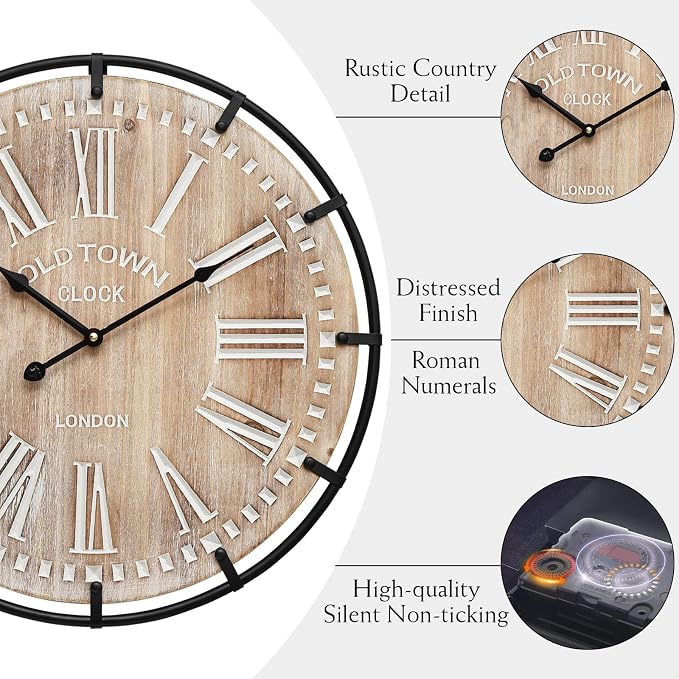 EMAX HOME 20 Inch Large Farmhouse Wall Clock, Rustic Antique Wood with Metal Circle and Large Engraved Numerals, Silent Battery Operated Wall Clock for Office Kitchen Bedroom Living Room