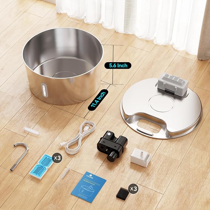 Voluas 7L Wireless Dog Water Fountain with 6 Filters, Stainless Steel | 236oz capacity, 4-layer filtration, ultra-quiet pump, water level window, easy clean for large dogs