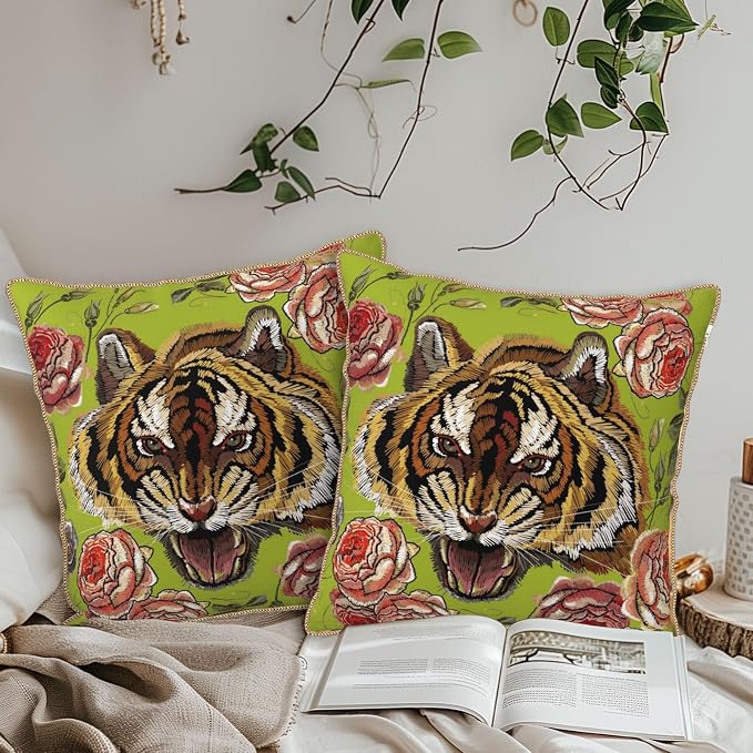 Tiger Flower Green Velvet Pillow Covers 20x20 Inch Pink Floral Animal Throw Pillows for Couch Cushion Covers Pillowcase Farmhouse Modern Pillow Cases for Sofa Bed Living Room Bedroom
