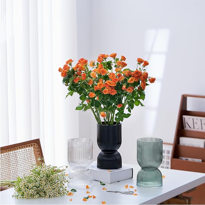 7.5 inch Vase for Flowers, Teal Ribbed Thickened Glass Vases, Hourglass Bud Flower Vase for Bookshelf, Dinner Table, Indoor Office Desktop, Meeting Room, Bathroom, Home Decor, Christmas Decoration