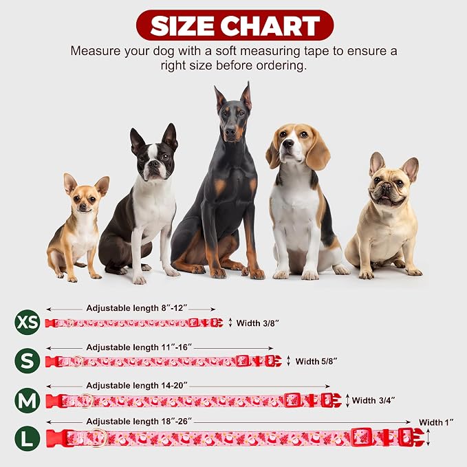 azuza Christmas Dog Collar Santa Print Xmas Dog Collars with Removable Red and Pink Bowtie, Adjustable Dog Collar Accessories for Medium Dogs