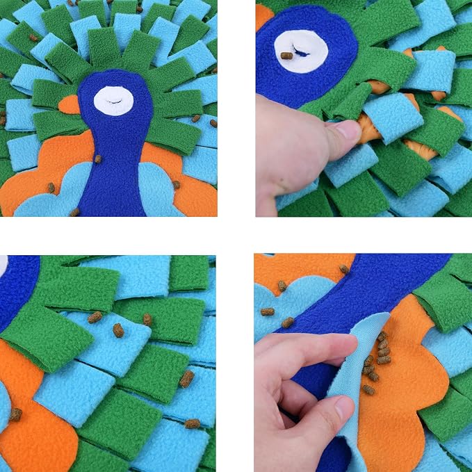 Vedem Small Animal Snuffle Mat Fleece Foraging Mats Interactive Feeding Toy Rabbit Guinea Pig Rat Hamster Anti Slip Treat Dispenser (Peacock)