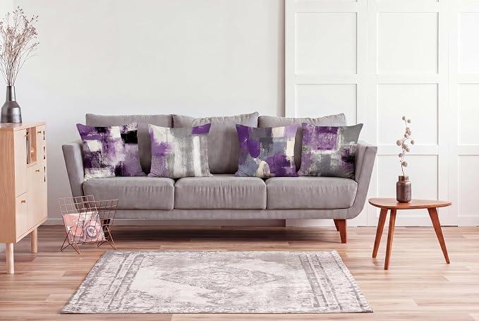 Purple Grey Abstract Throw Pillow Covers 18x18 Set of 4 | Lavender & Grey Modern‑Art Cushion Cases, neutral aesthetic pillowcases for sofa, bedroom & chair