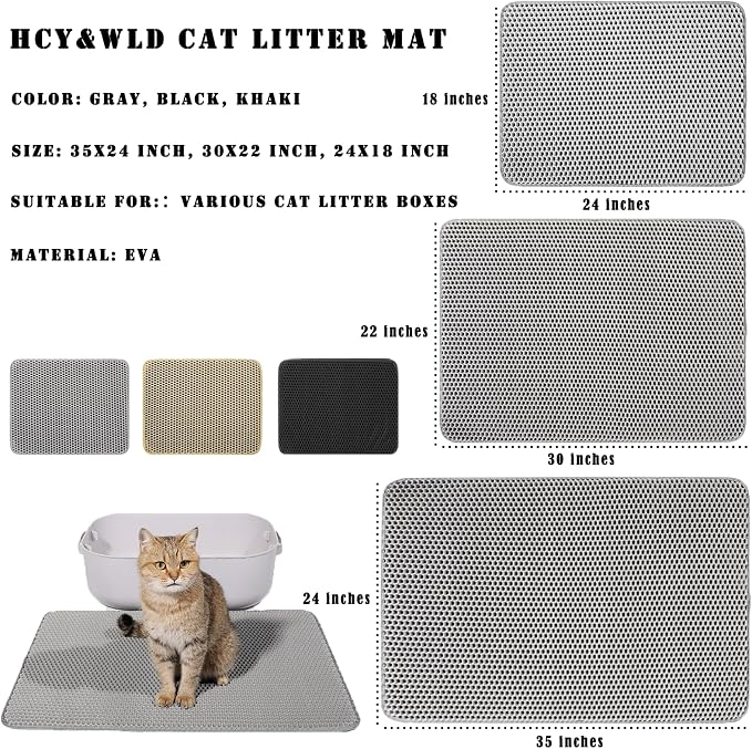 HCY&WLD Cat Litter Mat, Double Layer Cat Litter Box Mat (30x22 Inch, Gray) | Waterproof Urine-Proof Non-Slip Litter Trapping Mat, Soft on Kitty Paws, Scratch-Resistant, Scatter Control, Easy to Clean