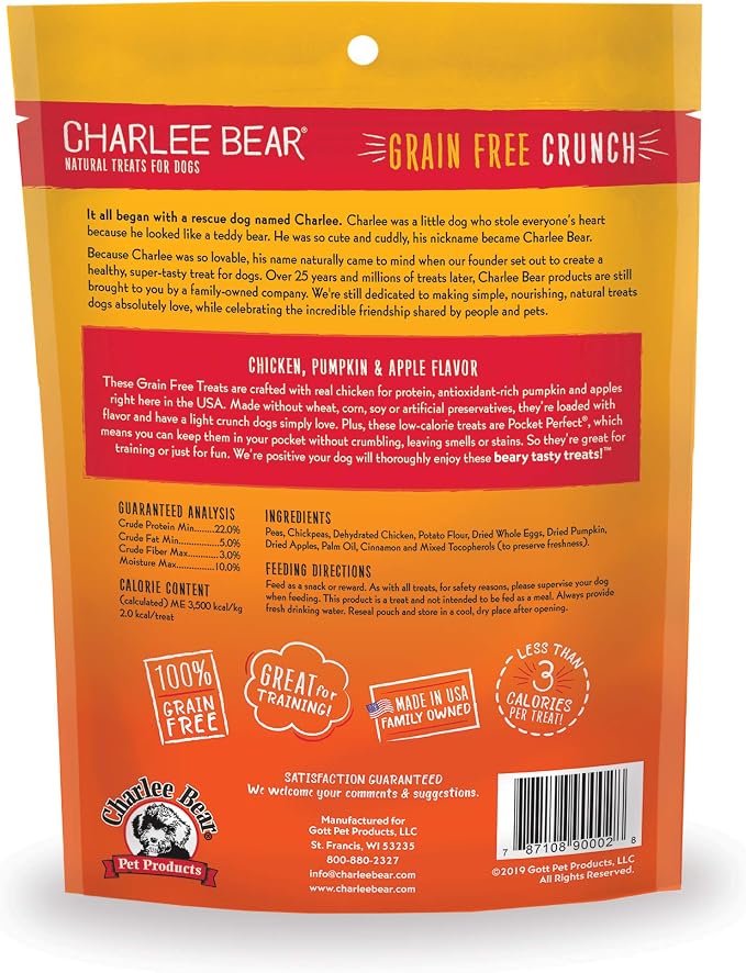 Charlee Bear Crunch Grain Free Dog Treats, Chicken,Pumpkin and Apple, 8 Ounce Resealable Bag,Low Calorie Training Treats for Dogs,Limited Ingredient,Healthy,Crunchy Dog Snacks, Made in USA (Pack of 2)