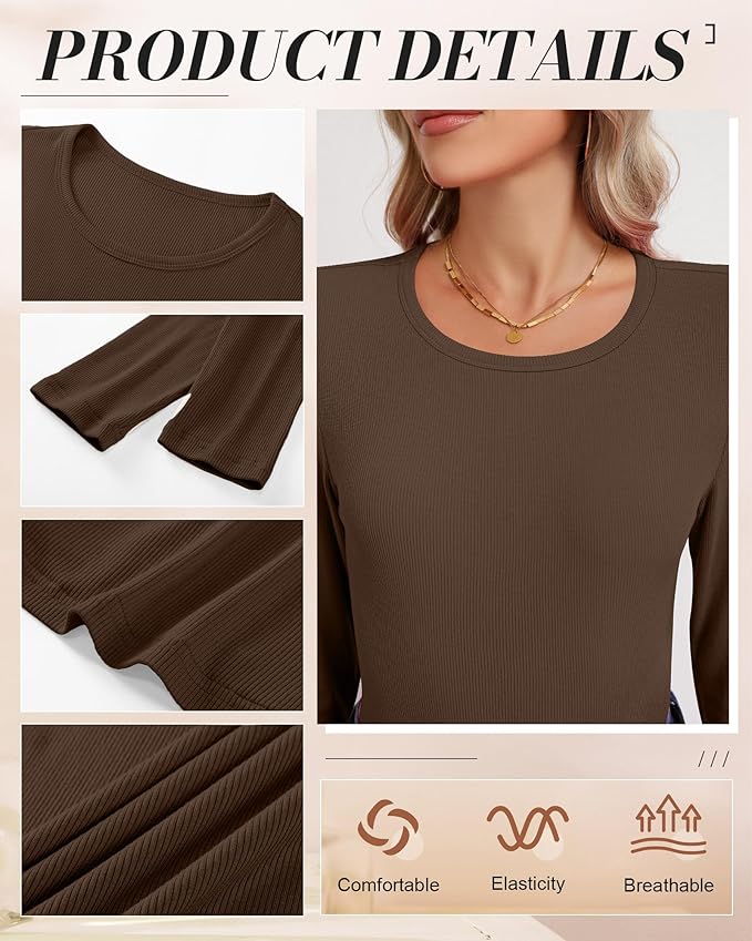 Ficerd 3 Pack Women's Ribbed Long Sleeve Tops, Crew Neck Slim Fit Undershirts Knit Basic Casual Stretch Layering Tee Shirts