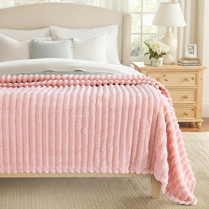 decorUhome Pink Fleece Throw Blanket 50x60 Inches | Soft Couch Cozy Fluffy Plush Flannel Striped Blanket for Sofa Bed, Lightweight Decorative Ribbed Fuzzy Blanket for Woman