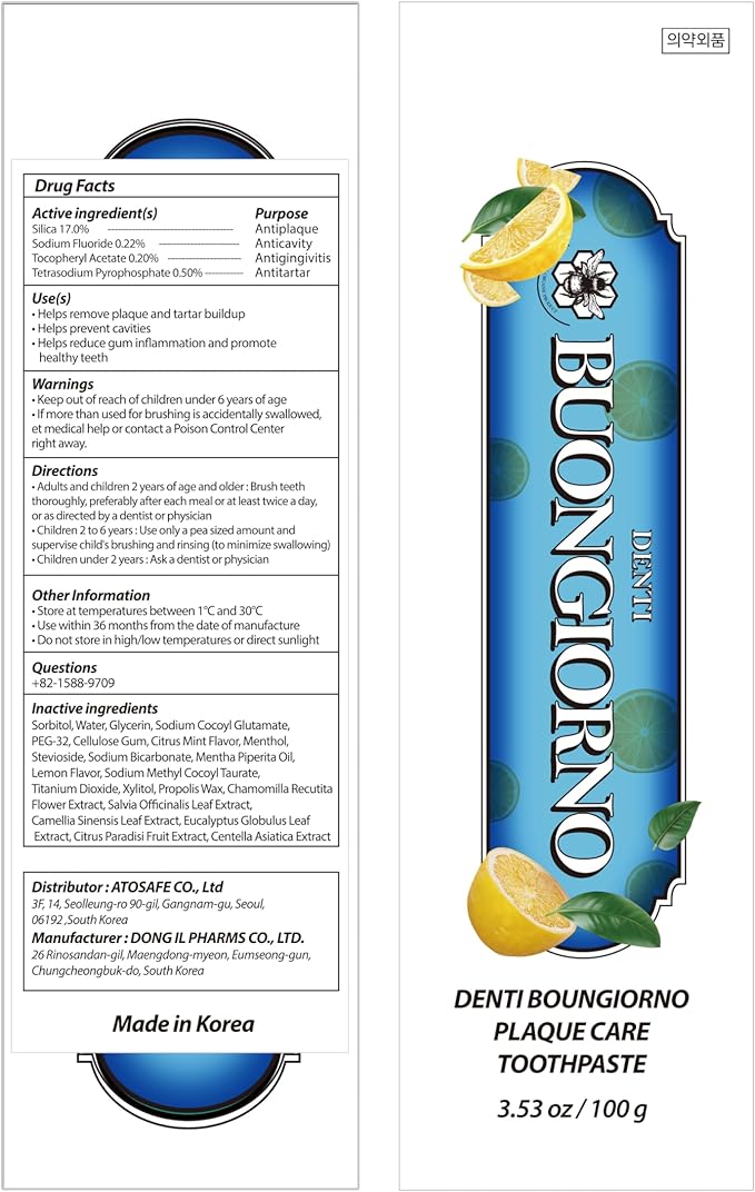 DENTI BUONGIORNO Plaque Care Toothpaste (Lemon Mint) – Deep Clean for Tartar Control & Heavy Plaque, Natural Whitening(Baking Soda), Cavity Protection, Paraben & SLS Free (3.52fl oz / 100g)