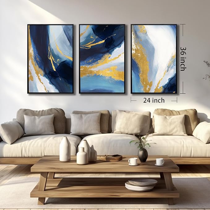 Abstract Wall Art for Living Room, Framed Canvas Wall-Decor for Bedroom, Blue White and Gold Picture Prints, Size 24 x 36 Inches 3-Pieces