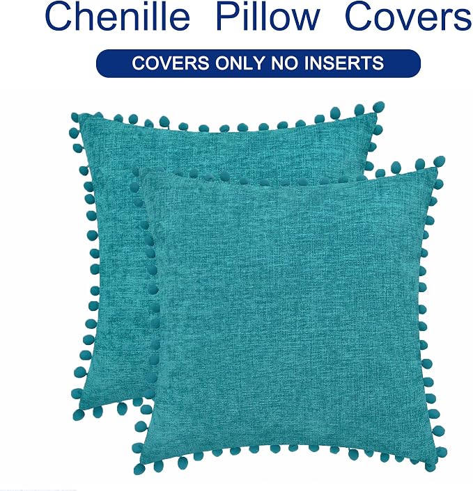 CaliTime Decorative Couch Throw Pillow Covers 20 X 20 Inches Lake Blue | Pack of 2, Cozy Chenille Cushion Cases, with Pom Poms for Sofa Bed Living Room Farmhouse Home