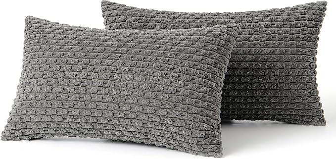 MIULEE Lumbar Decorative Throw Pillow Covers 12x20 Dark Grey Corduroy | Textured Striped Pack of 2 Striped Pillow Covers Modern Farmhouse Home Decor for Couch Bed Sofa Living Room