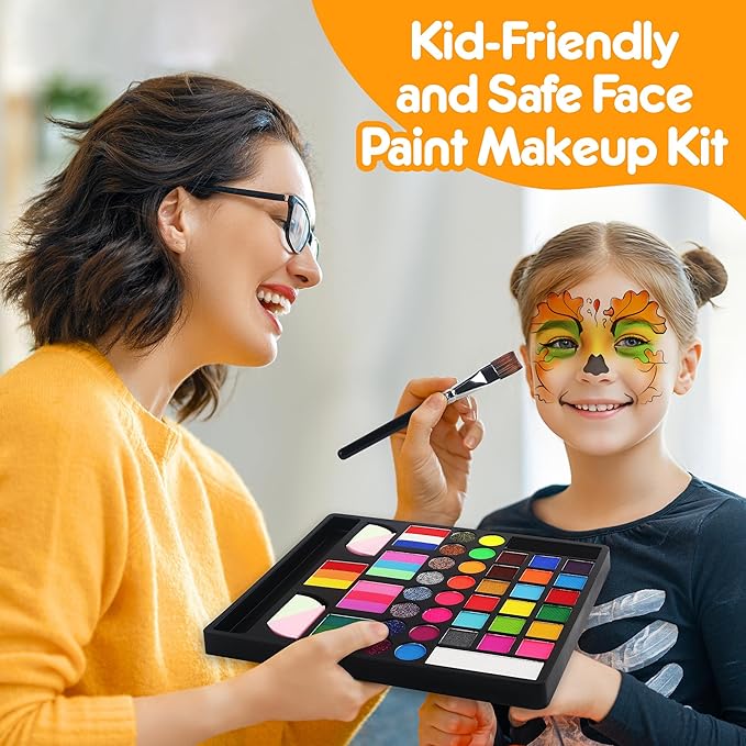 Mocoosy 41 Color Face Painting Kit for Kids, Non-Toxic Water Activated Face Paint Palette With Stencils, Brushes, Gems, Professional Body Makeup Kit for Cosplay Parties, Birthdays, Carnival, Christmas