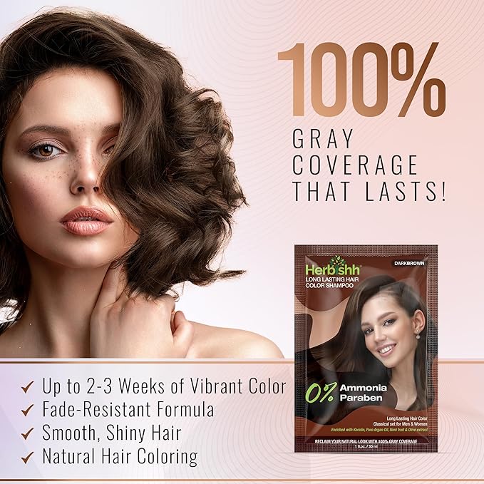 Herbishh Dark Brown Shampoo for Gray Hair, Hair Dye Shampoo 3 in 1, 100% Grey Coverage, Instant Permanent Shampoo for Men & Women, Long-lasting & Travel-friendly, Ammonia-free, 30 ml (Pack of 2)