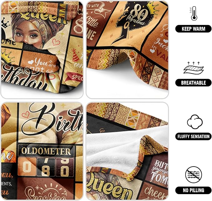 African American 80th Birthday Gifts for Women Blanket 60"X50", Encouragement Inspirational Bday Gift, 80 Year Old Birthday Gifts for Black Women Mom Lady Girl Friend