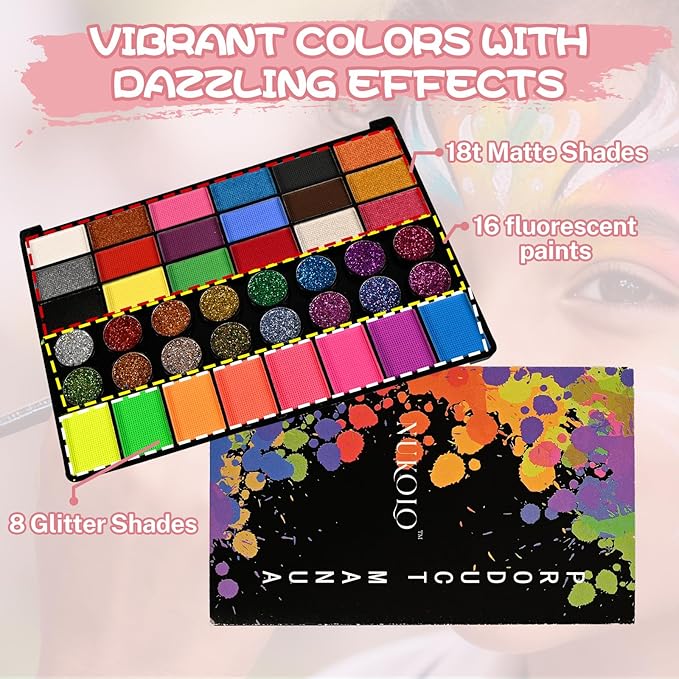 42 Color Kids Face Paint Kit - Non-Toxic, Water-Based Palette with Stencils, Brushes, Gems & Glitter for Halloween, Carnival, Costume Parties & Creative Activities