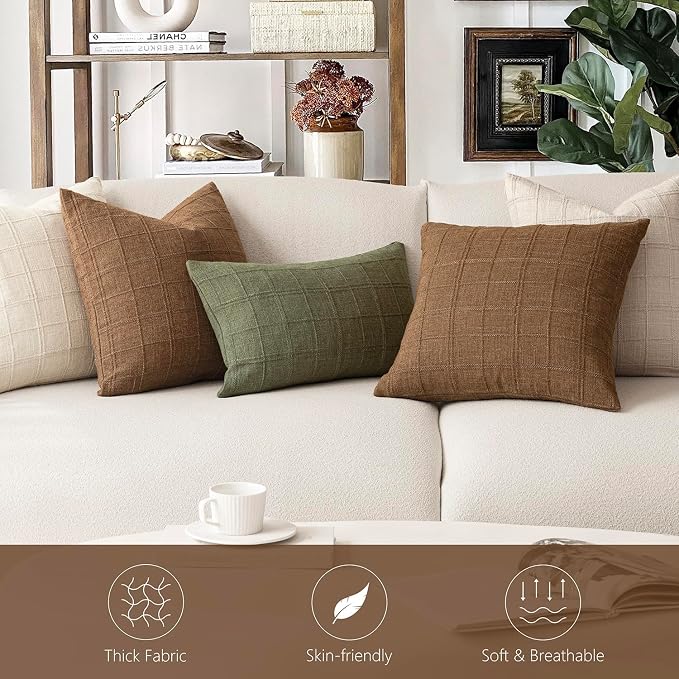 Foindtower Set of 2 Decorative Linen Check Throw Pillow Covers Neutral Farmhouse Lumbar Cushion Covers Modern Boho Home Decor for Sofa Chair Couch Bedroom Living Room,12×20 Inch,Brown Hazel
