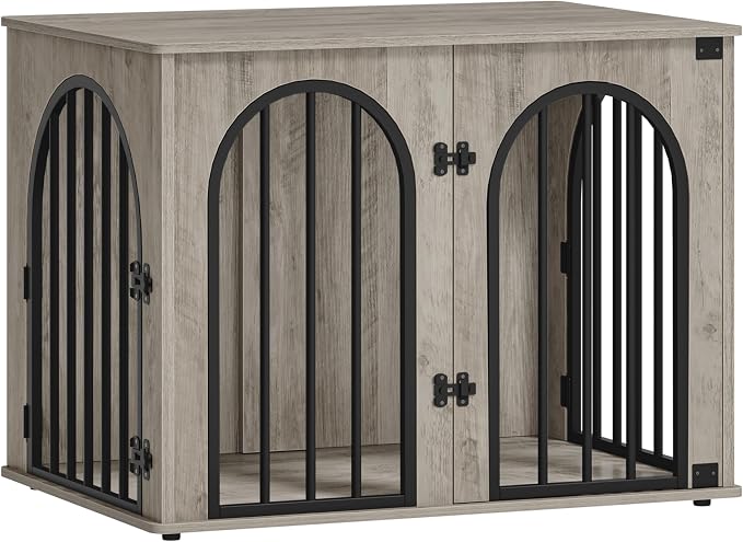 Hzuaneri 31.5'' Dog Crate Furniture,Dog Kennel Indoor for Small/Medium Dogs | Dog Kennel Furniture Wooden Dog Cage Heavy Duty Dog Crate Decorative Pet House End Side Table TV Stand,Greige Black DFC85105B
