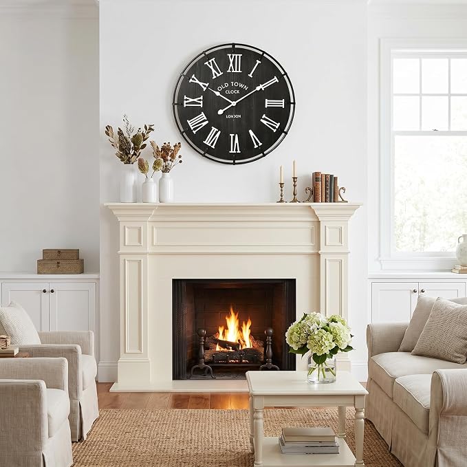 EMAX HOME 24 Inch Vintage London Style Wall Clock, Black Wood Grain Background with White Roman Numerals, Rustic Metal Frame, Silent Non-Ticking Clock for Fireplace Mantel, Entryway, or Dining Area.