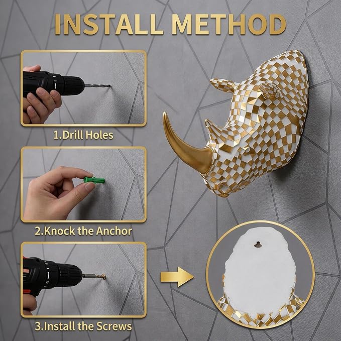 GIGICICI 9.2x4.7-Inch Vintage Mosaic Rhino Head Wall Sculpture Art Mount Statue for Room Bedroom Office Living Decor(White Gold)