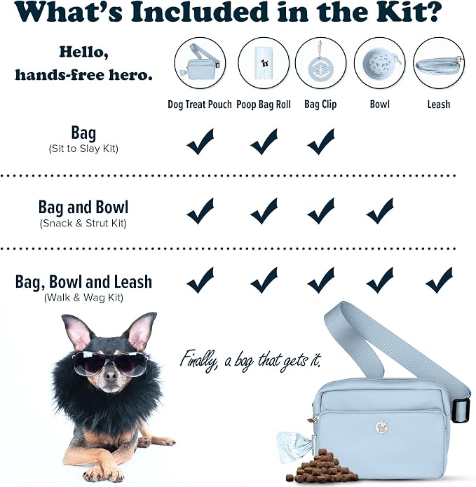 Puppington 3-in-1 Crossbody Dog Walking Bag & Treat Pouch with Matching Planet Safe Poop Bags & Built-In Dispenser - Dog Mom Gift for Puppy Training with Zippered Pockets (Ice Blue)