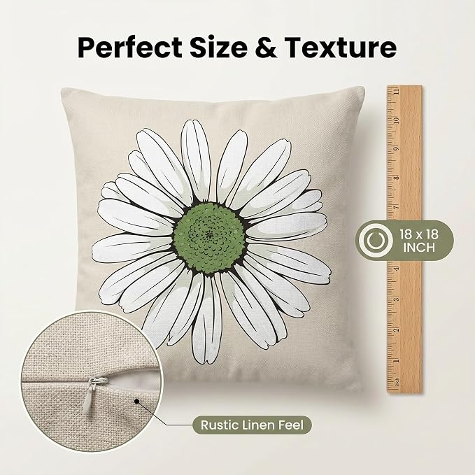 COMMINY Sage Green Linen Pillow Covers 18x18 Set 6 Farmhouse Throw Cover | Spring Summer flower, decorative Daisy Dhalia, Breathable Linen,Standard Throw Pillow Size, Bedroom Accent Couch Sofa