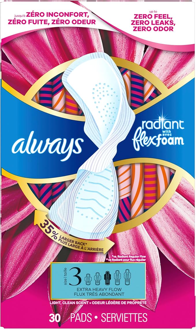Always Radiant Feminine Pads for Women, Flexfoam Pads with Wings, Size 3, Extra Heavy Absorbency, Lightly Scented, 30 Count
