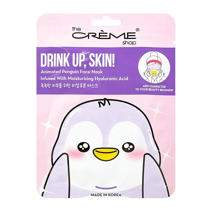 The Crème Shop Korean Skincare Beauty Full Facial Advanced Sheet Daily Natural Essence easy-to-use Soothing - Drink Up, Skin! Penguin Face Mask 3 Piece Value Set