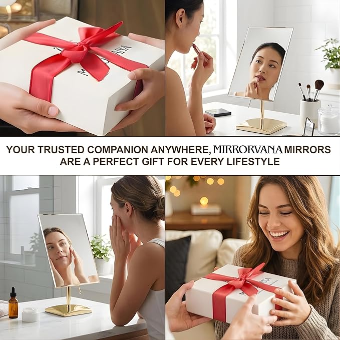 MIRRORVANA Large Free Standing Mirror - Frameless, Gold-Plated, Beveled Design for Desk, Retail Counter, Bathroom and Vanity Dressing Table (9.8" x 7")