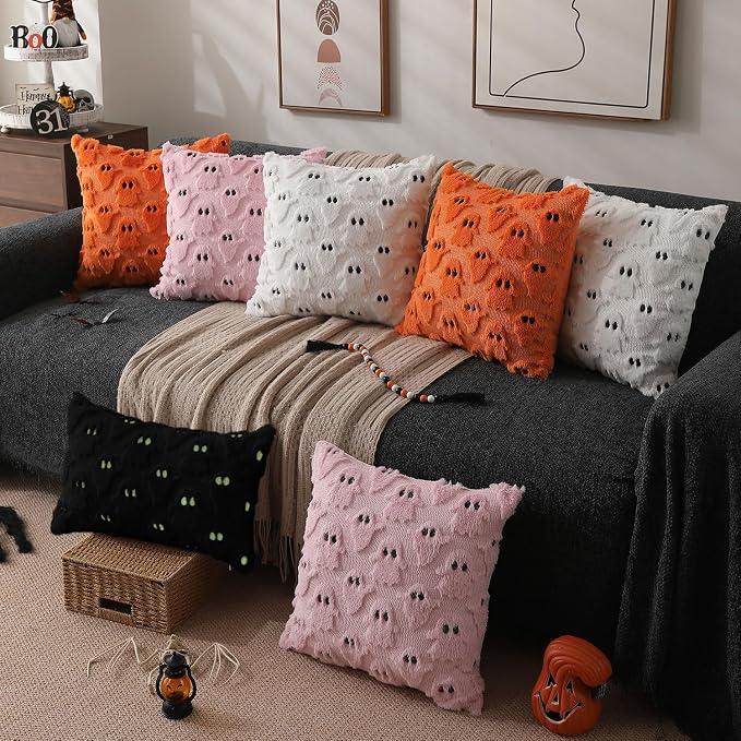 DFXSZ Halloween Pillow Covers 12x20 inch 2Pcs Black Ghost Halloween Decor | Halloween Decorations Set of 2 Throw Pillow Cases Plush Faux Fur Wool Cushion for Chair Sofa Bedroom Living Room Home Decor