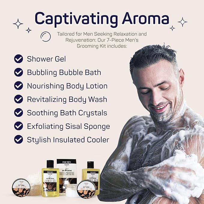 SpaLife Luxury Spa Skincare Sandalwood Gift Set for Men | Mens Body Wash Gifts | Mens Gift Set for Bath and Body | Christmas Gifts for Men | Cleansing, Moisturizing, Exfoliating | 7-Piece Bundle