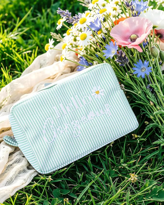 Hello Gorgeous Cosmetic Bag, Cute Daisy Makeup Bag, Compliment Gift for Women Girls Bride & Bridesmaid, Seersucker Stripe Travel Toiletry Pouch w/Zipper, Wedding Organizer Storage (Green)