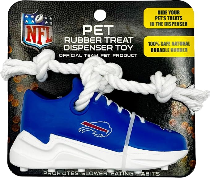 Pets First NFL Buffalo Bills Cleat Sneaker Spike Dog Toy, Football Treat Dispenser Chew Toy for Dogs, Interactive Rope Tug Toy, Slow Feeder Natural Rubber Dog Toy with Official Team Logo