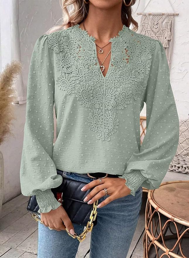 Womens Tops Swiss Dot Boho Long Sleeve Shirts V Neck Casual Chiffon Blouses Flowy Lace Hem Cute Clothing Trendy 2026