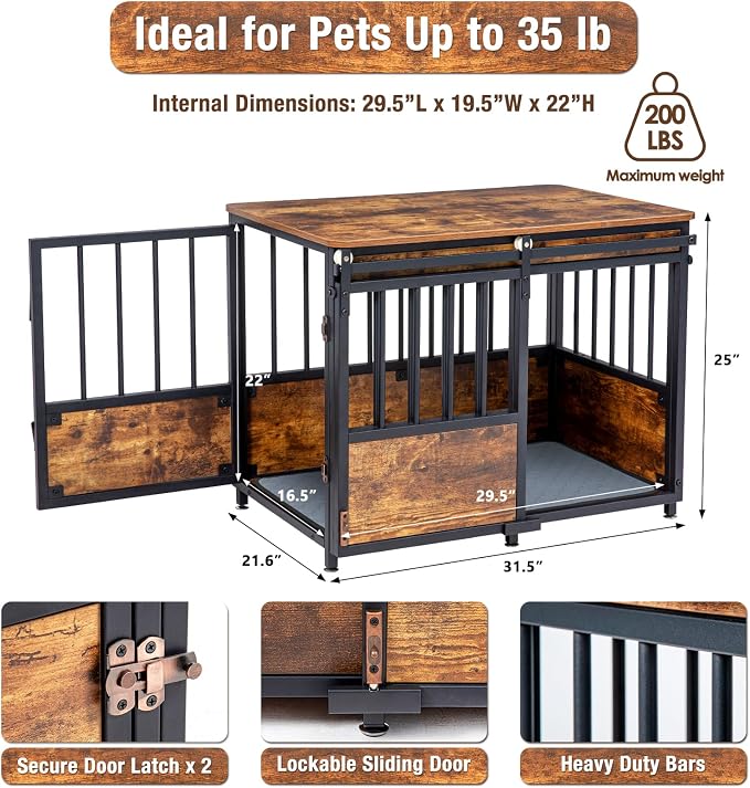 KOOPRO 32" Dog Crate Furniture with Cushion, Heavy Duty for Medium Dogs | Wooden Dog Kennel with Double Doors, Decorative Pet House Dog Cage Side End Table Indoor, Sliding Door Chew-Resistant
