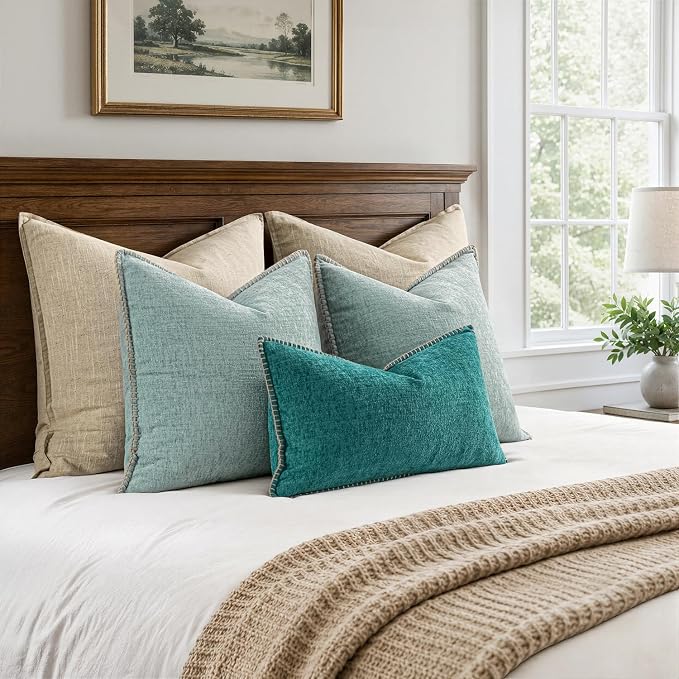 MIULEE Decorative Couch Throw Pillow Covers 18x18 Inch Coastal Light Blue | 2 Pack, Farmhouse Pillow Covers with Stitched Edge, Soft Chenille Cushion Cases, for Sofa Bed Living Room Home Decor