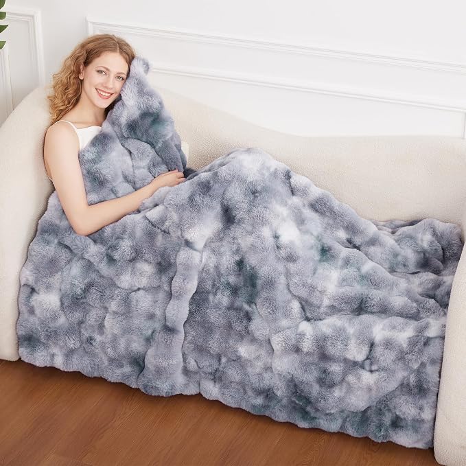 Comelady Soft Fluffy Faux Fur Throw Blanket 50"x60", Bubble Plush Texture | Tie-dye Grey Blue Thick Fuzzy Throw, No-Shedding, Aesthetic & Cozy for Couch Bed Room Decor, Warm Gift for Women Men