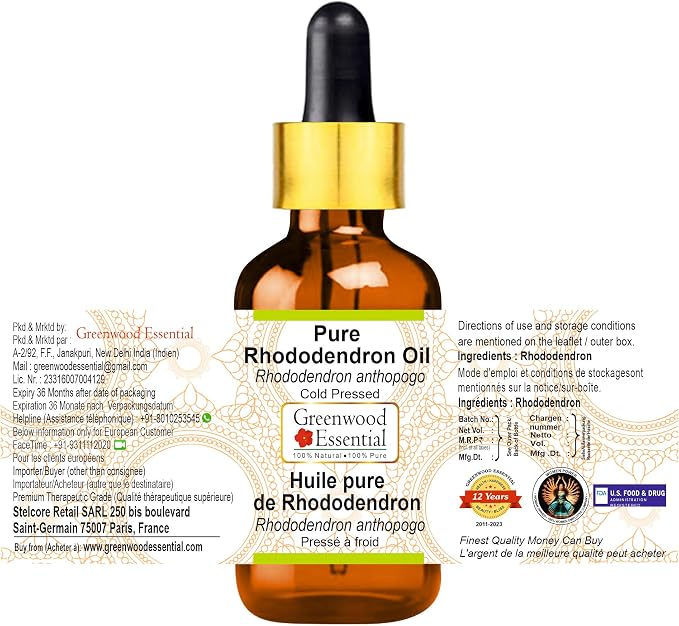 Greenwood Essential Rhododendron Oil (Rhododendron anthopogo) with Glass Dropper | Cold Pressed | Natural | Undiluted | For Diluting Essential Oils | For Skin & Massage | Men & Women | 15ml (0.50 oz)