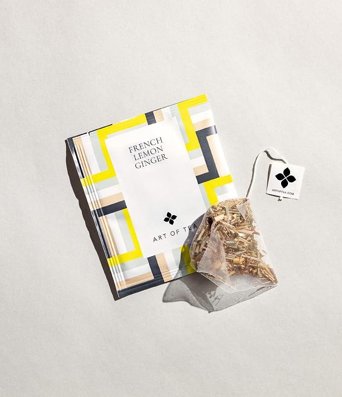 Art of Tea Organic French Lemon Ginger Tea Bags, 50 Pyramid Sachets, Caffeine Free Herbal Tea with Ginger, Lemongrass & Lemon Verbena, Soothing Wellness Tea for Digestion & Relaxation