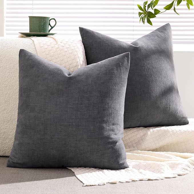 MIULEE Grey Chenille Couch Throw Pillow Covers, 20x20 | Set of 2, Soft Farmhouse Modern Home Decor, Decorative Pillowcases for Sofa Living Room Bed