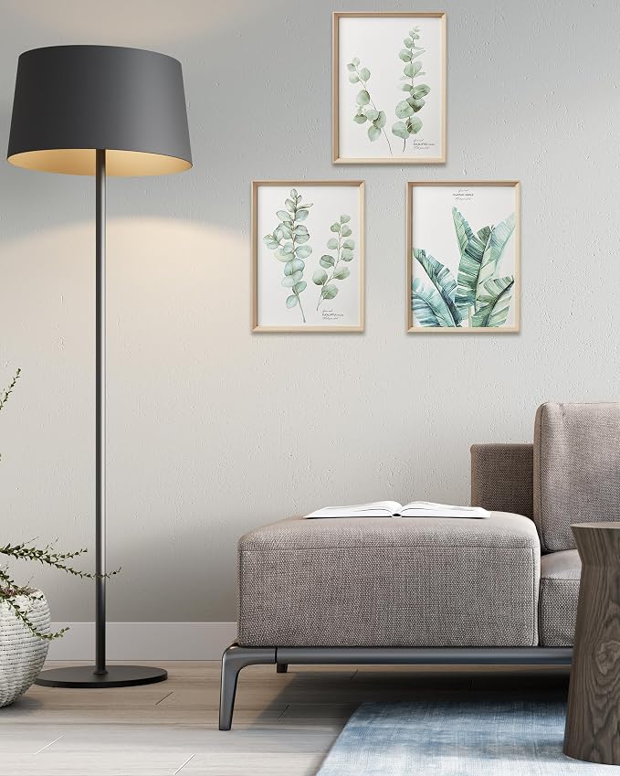 12x16IN Green Plant Eucalyptus Leaf Framed Wall Art, Set of 3 | Minimalist Botanical Canvas Prints for Living Room, High-Framed Wood Design Flower Artworks Poster for Bathroom Bedroom