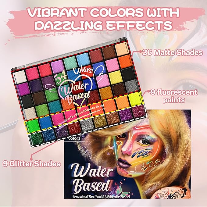 54 Color Kids Face Paint Kit - Non-Toxic, Water-Based Palette with Stencils, Brushes, Gems & Glitter for Halloween, Carnival, Costume Parties & Creative Activities