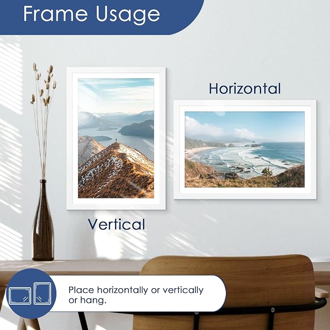 12x18 Picture Frame Set of 6, Wall Mount Display, White | Display Pictures 11x17 with Mat or 12x18 Without Mat, Horizontal or Vertical, Gallery Wall Frame Set, Wedding Birthday Gifts