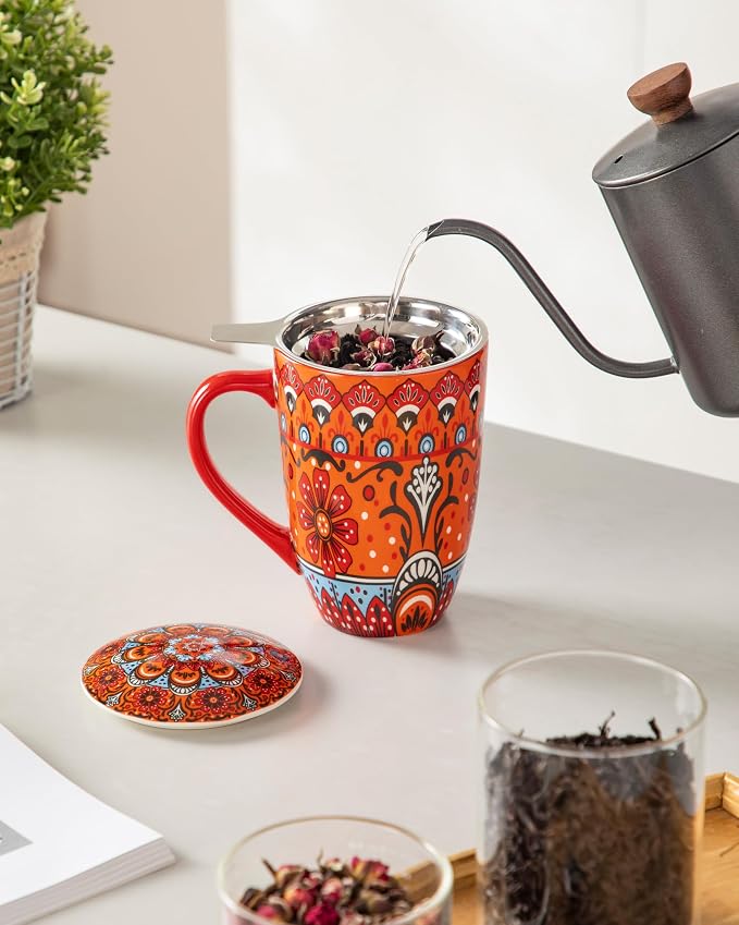 vancasso Ceramic Tea Cup with Infuser and Lid, 18 Ounce Tea Infuser Mug for Loose Leaf Tea, Microwave & Dishwasher Safe, Bohemian Mandala, Gift for Tea Lovers, Crimson Sunburst